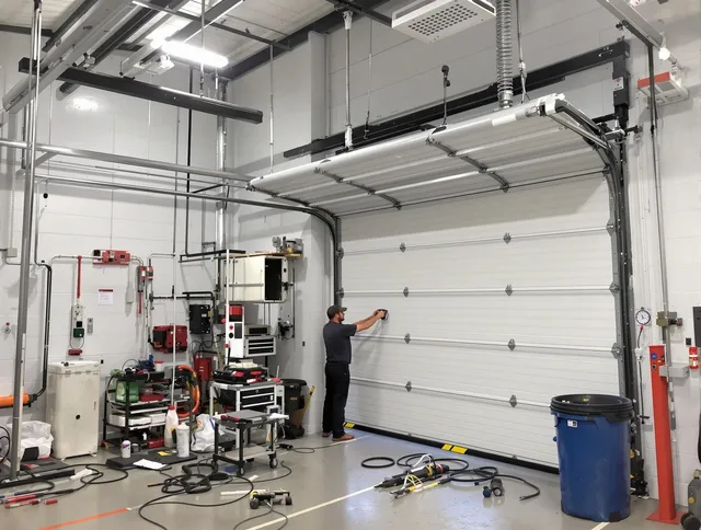 Perris Garage Door Repair certified technician performing commercial door repair at a Perris business facility