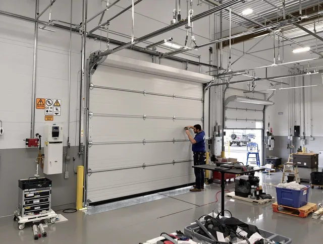 Commercial garage door repair being performed by Perris Garage Door Repair expert in Perris