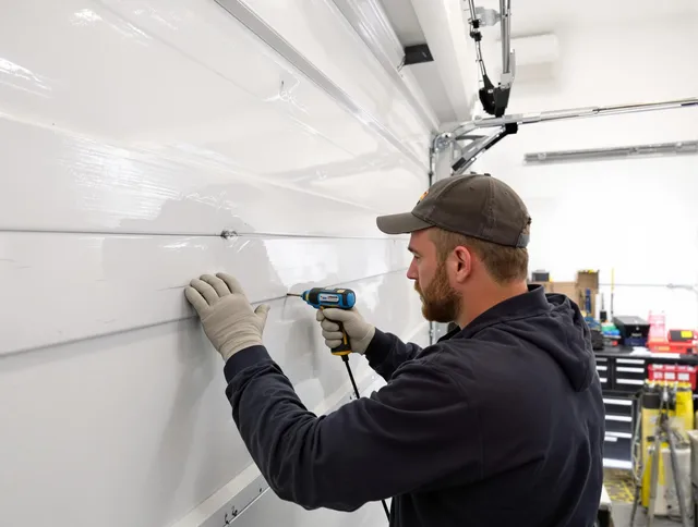 Perris Garage Door Repair technician demonstrating precision dent removal techniques on a Perris garage door