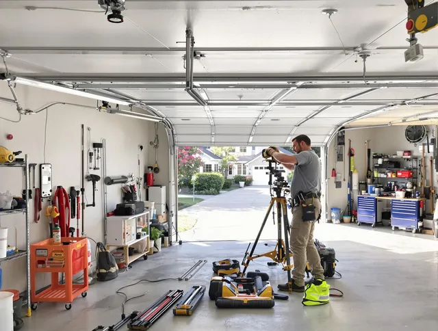 Perris Garage Door Repair specialist performing laser-guided track alignment in Perris